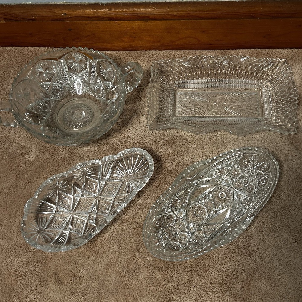 LOT OF 4 VINTAGE CUT GLASS CRYSTAL - CANDY DISHES, RELISH DISH, BOWL, BUTTER